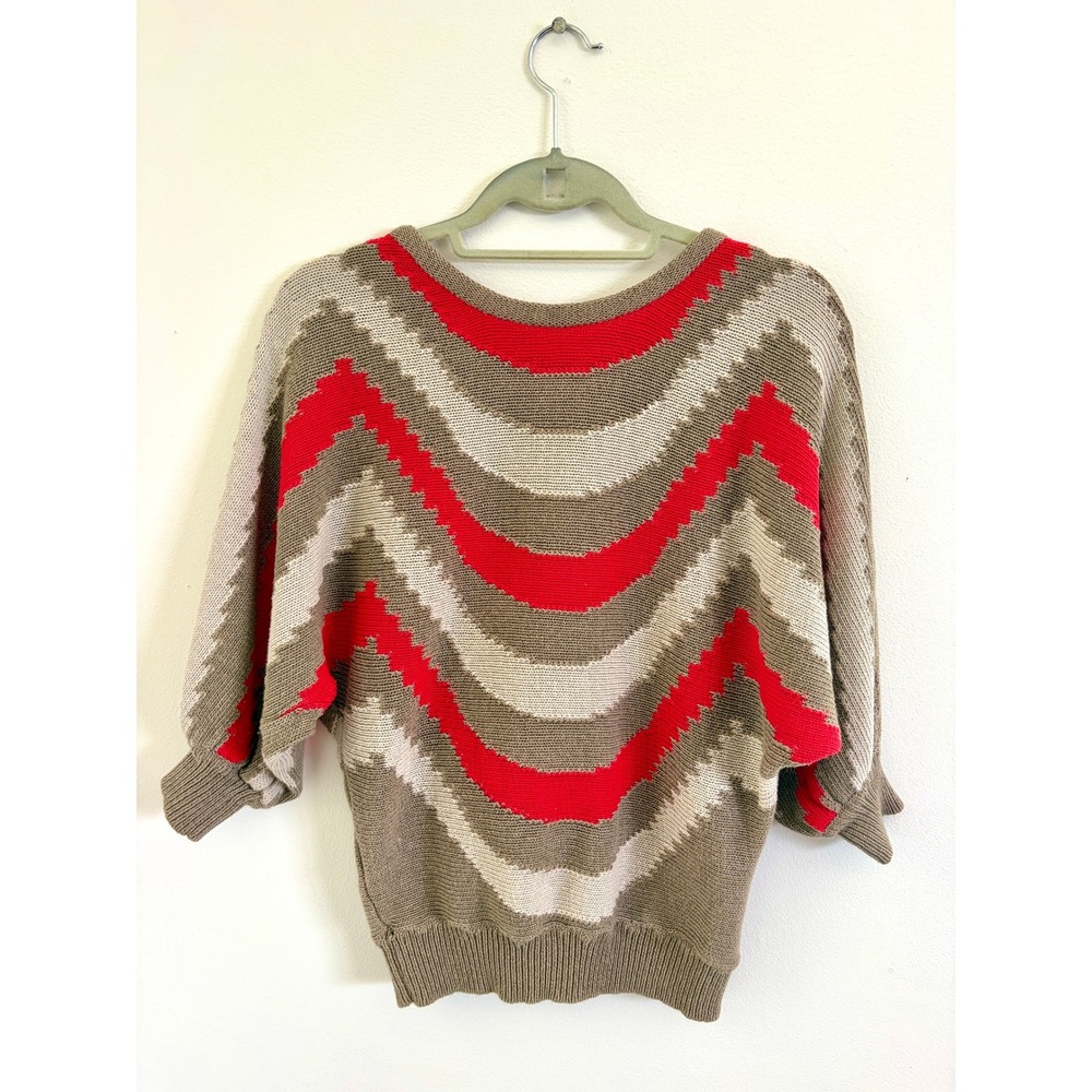 Vintage 80s Italian Slouchy‎ Chevron Knit Sweater Boho Neutral Red OS